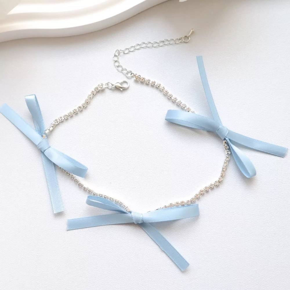 3連リボン ラインストーン輝く リボン紐 チョーカー可愛い