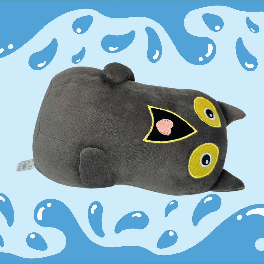 かわいい衝撃的な表情のダークグレーの猫ぬいぐるみ