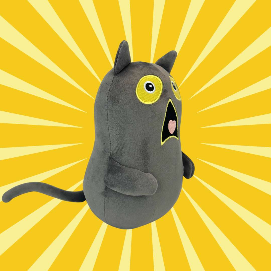 かわいい衝撃的な表情のダークグレーの猫ぬいぐるみ