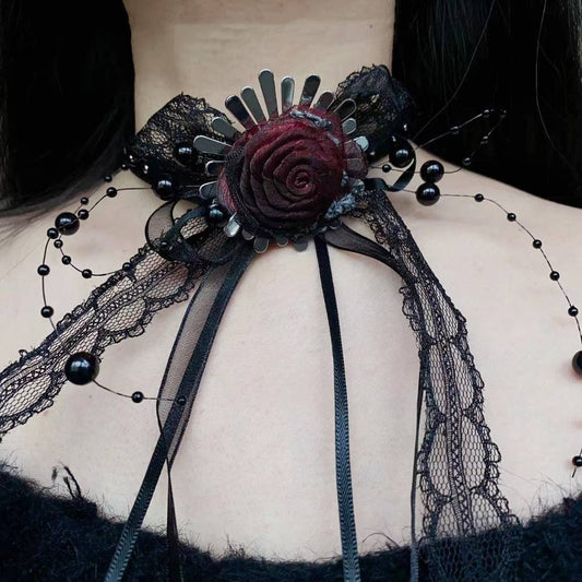 ゴシック黒レース 赤薔薇 リボン チョーカー
