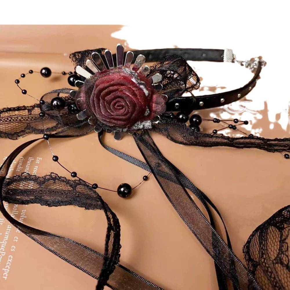 ゴシック黒レース 赤薔薇 リボン チョーカー