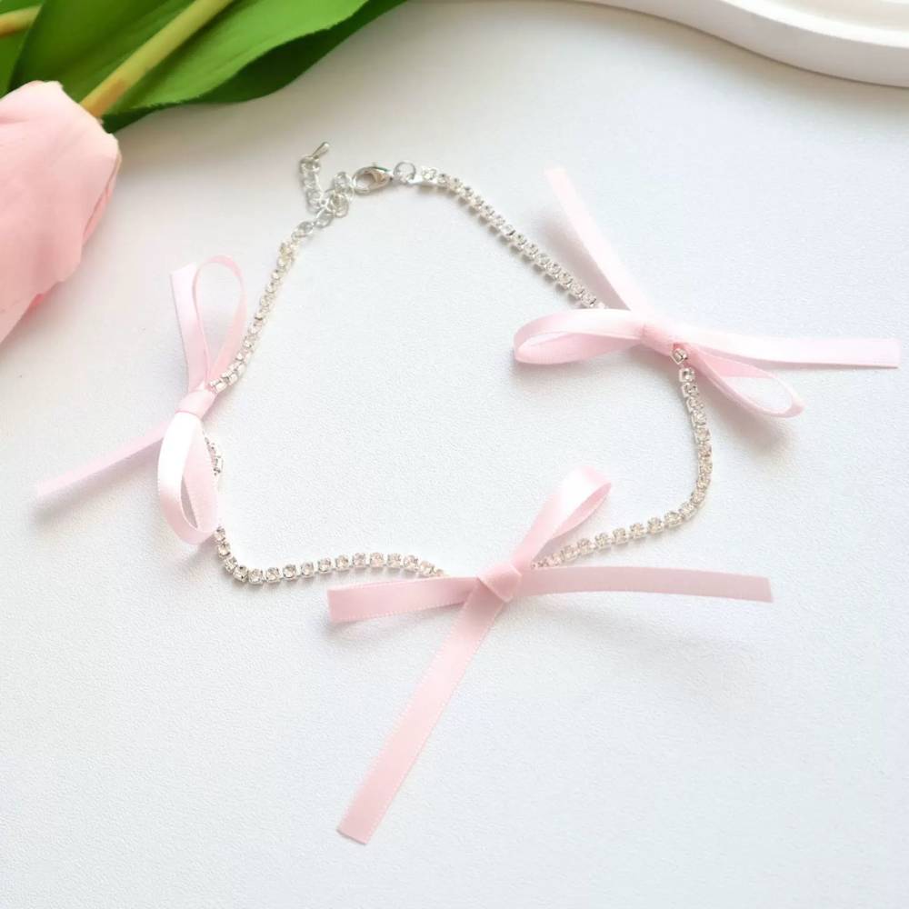 3連リボン ラインストーン輝く リボン紐 チョーカー可愛い