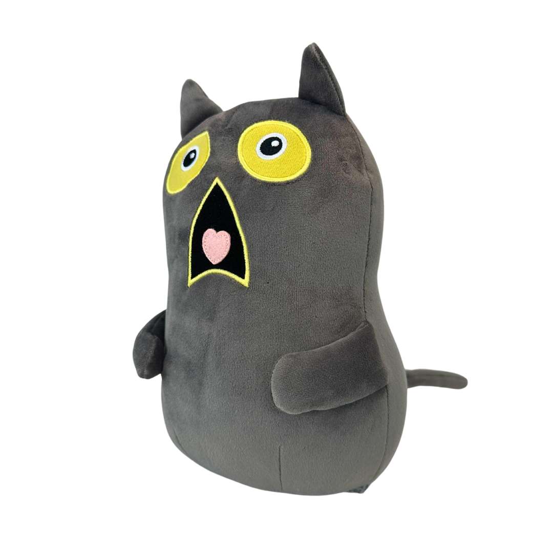 かわいい衝撃的な表情のダークグレーの猫ぬいぐるみ