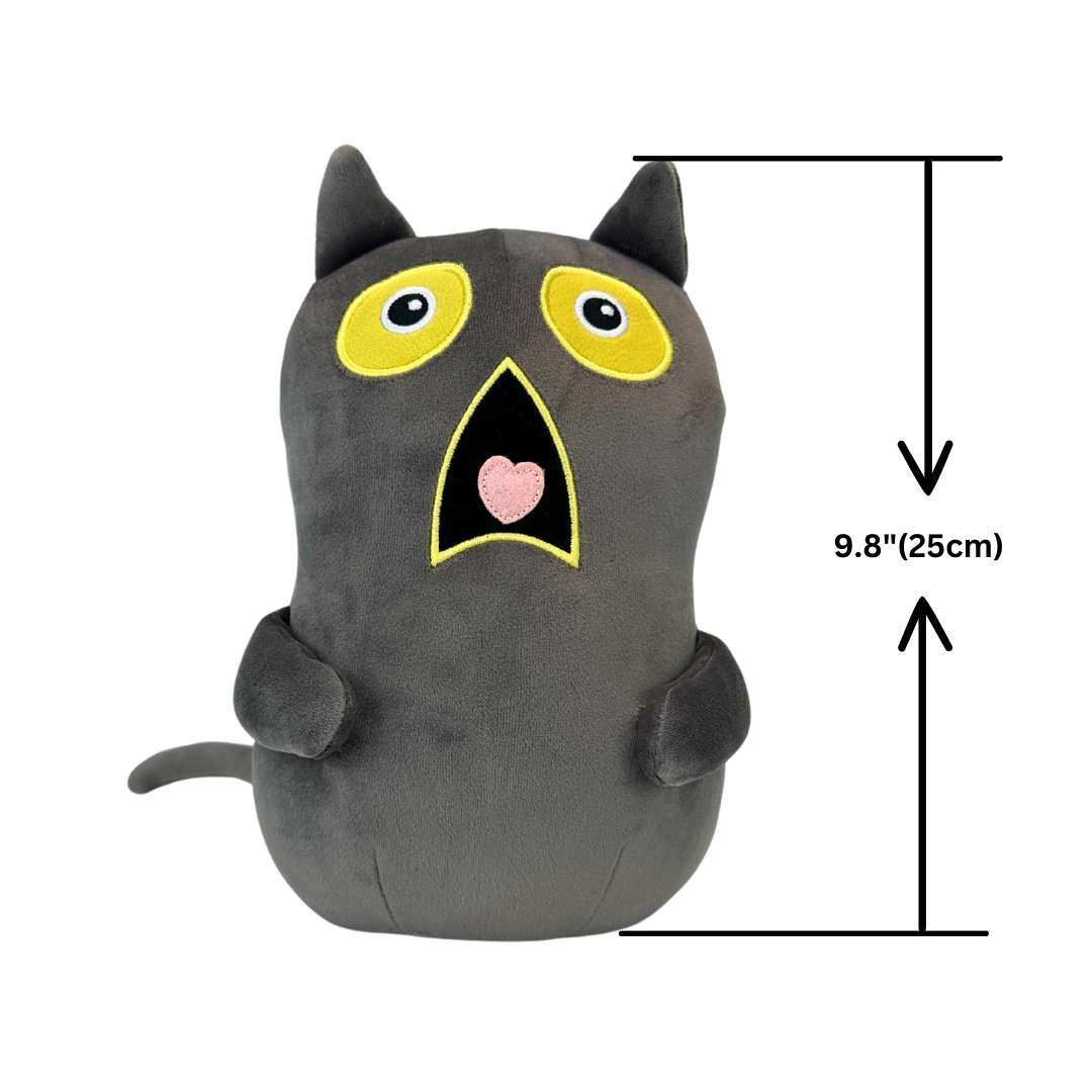 かわいい衝撃的な表情のダークグレーの猫ぬいぐるみ