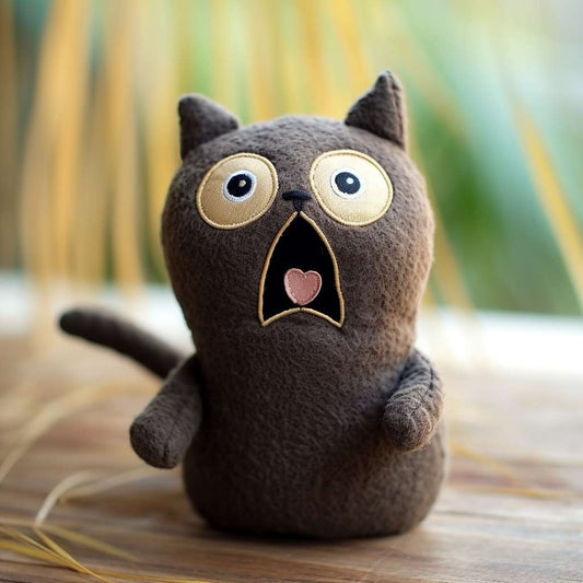 かわいい衝撃的な表情のダークグレーの猫ぬいぐるみ