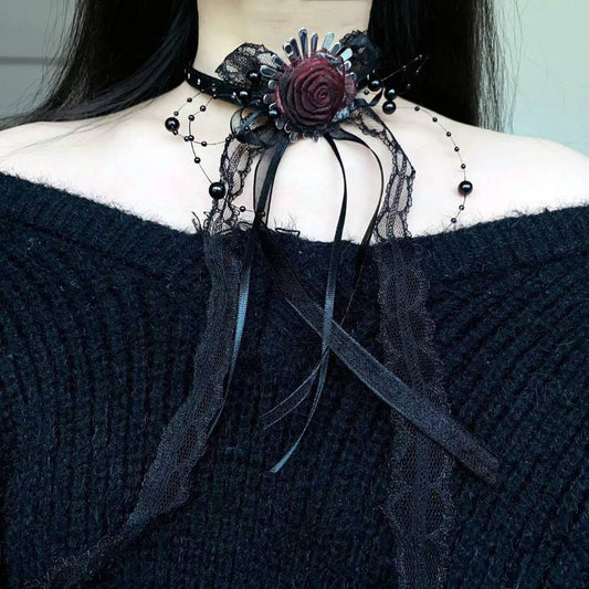 ゴシック黒レース 赤薔薇 リボン チョーカー