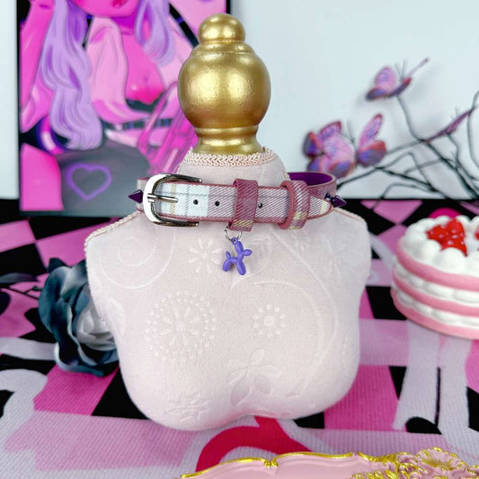 ゆめかわ バルーン ドッグ ハート チェック柄 レザーチョーカー可愛い 粉紫色