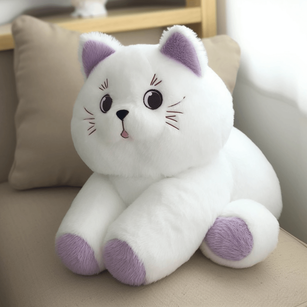かわいい好奇心旺盛な白い猫のぬいぐるみ
